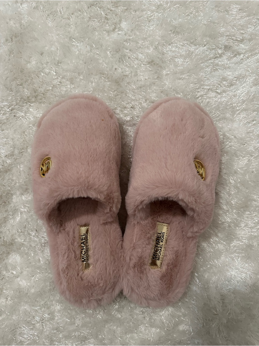 Michael Kors Blush Pink Plush Slide Slippers with Gold Logo